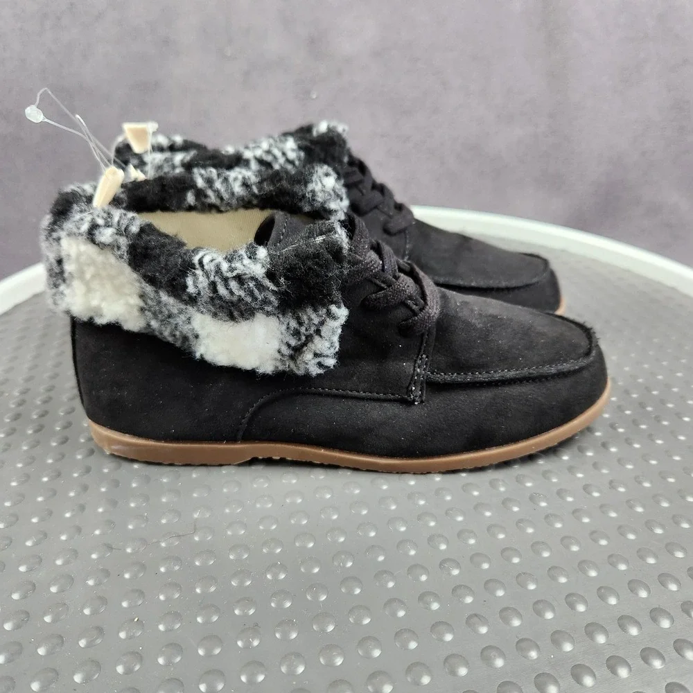 Gap Kids Moccasin Boot‎ Boys Size 1 Black Faux Suede Plaid Cuff Lined